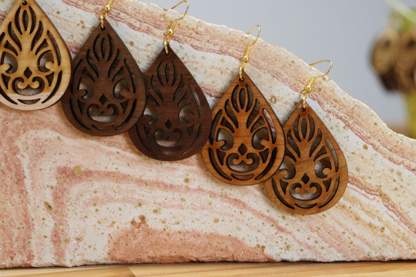 The Mandala - Natural Wood Raindrop Earrings