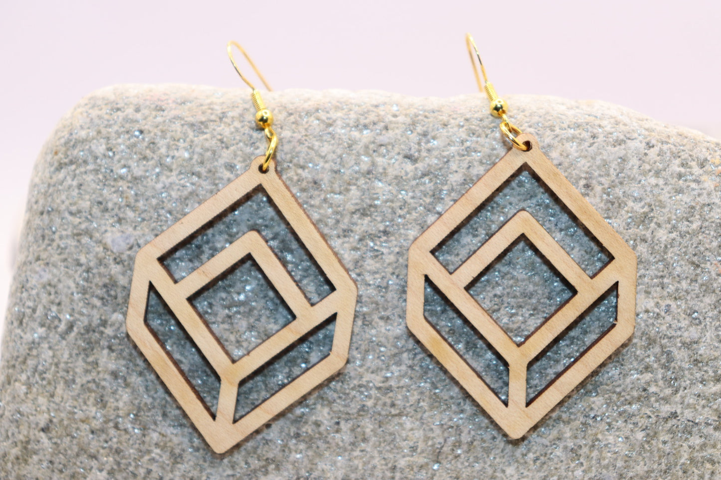 Geometric maplewood earrings with 925 sterling silver French hooks.
