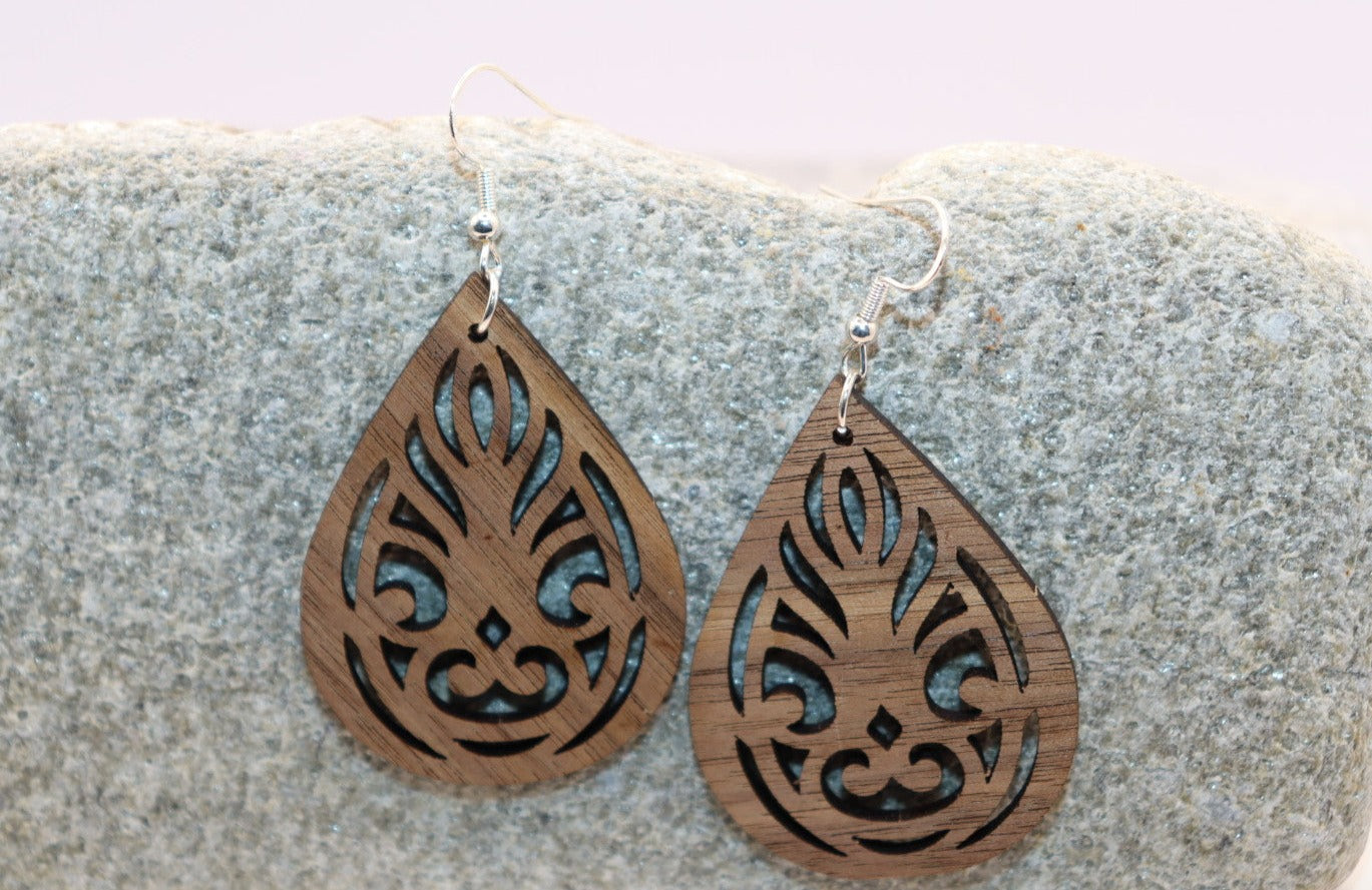 Satatement mandala earrings, made of natural walnut with hypoallergenic, nickle-free French hooks