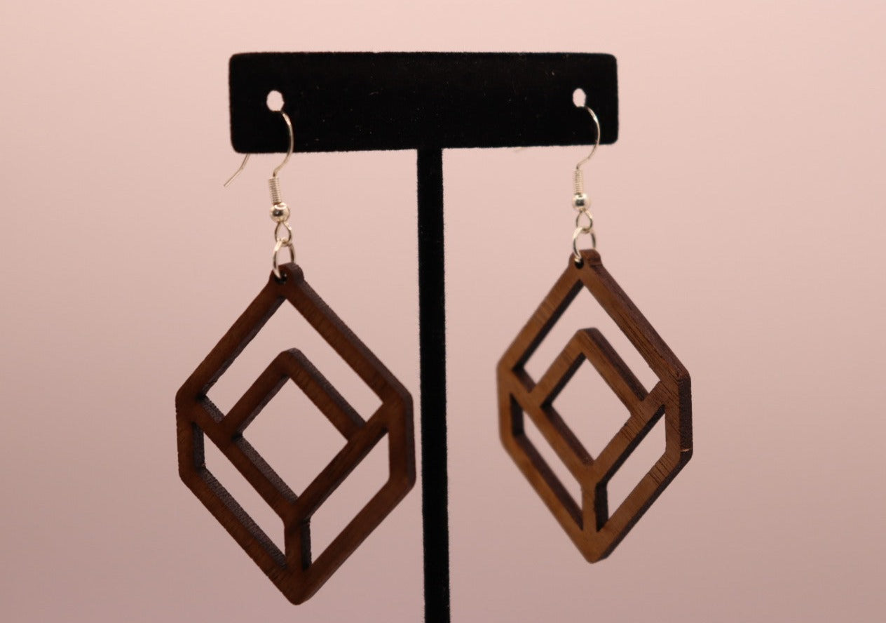 Geometric walnut earrings with 925 sterling silver French hooks. The perfect gift for her.